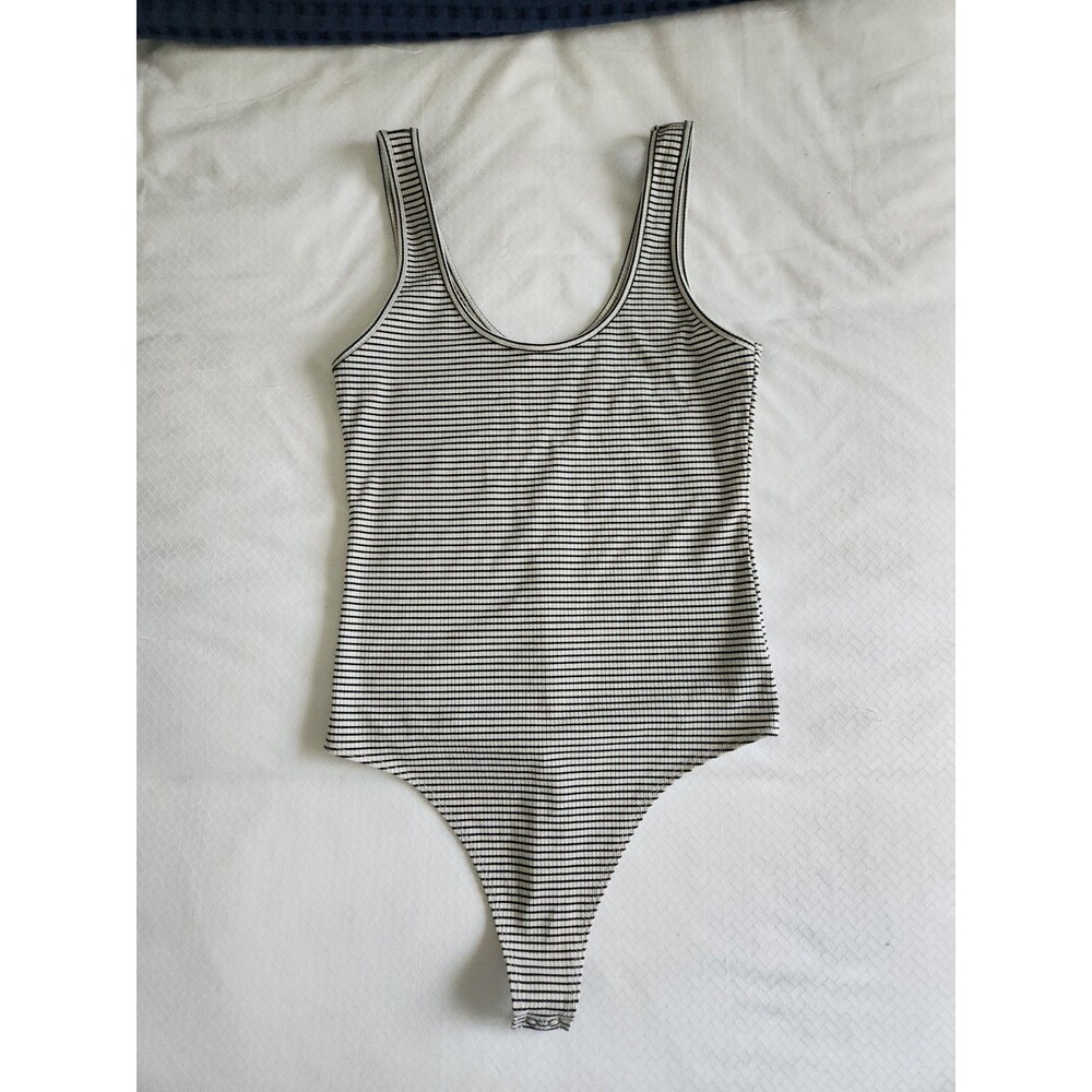 American Eagle Striped Ribbed Scoop Neck Thong Bodysuit Women's Medium EUC